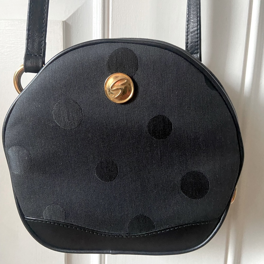 Vintage Arnold Scaasi Black Polka Dot purse with leather inner, trim and strap.